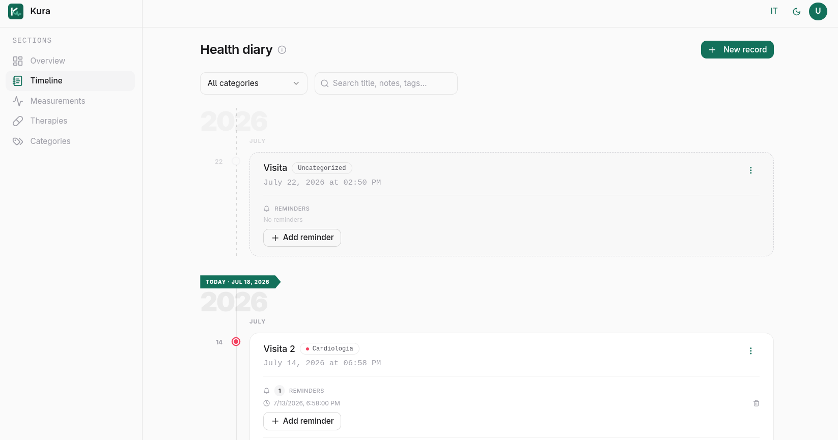 Clinical diary with document timeline